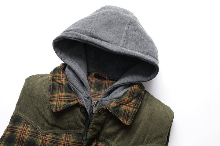 Modern men's plaid puffer vest with hood. Quilted, warm, and perfect for casual winter fashion.
