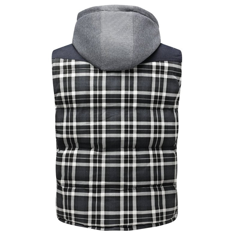 Men's versatile hooded plaid puffer vest. Essential for stylish winter layering and cool weather.