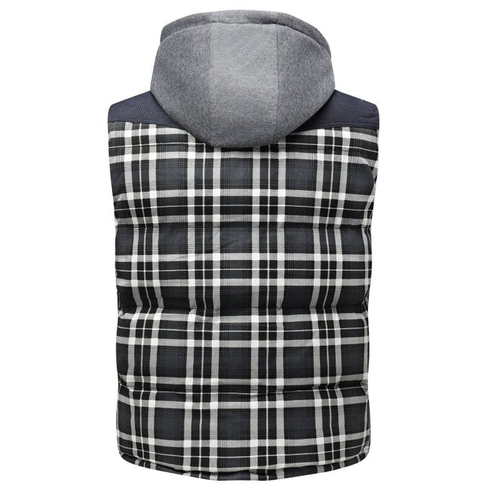 Men's versatile hooded plaid puffer vest. Essential for stylish winter layering and cool weather.