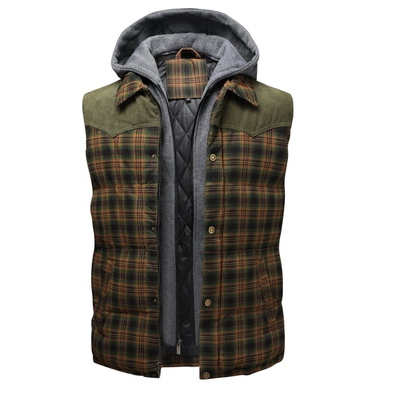Warm men's quilted plaid puffer vest with a hood. Ideal winter outerwear for layering.