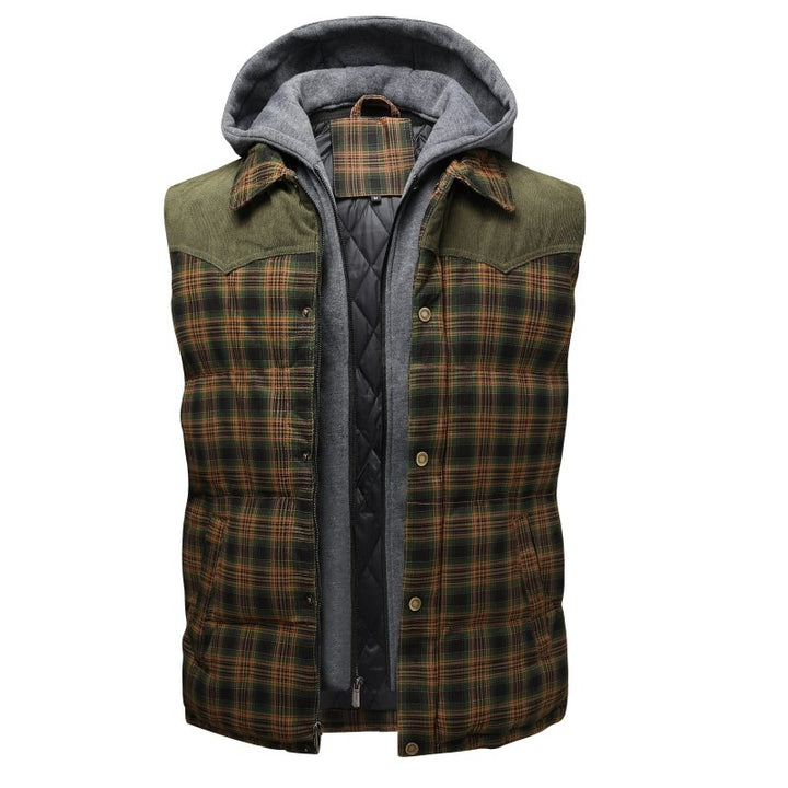 Warm men's quilted plaid puffer vest with a hood. Ideal winter outerwear for layering.