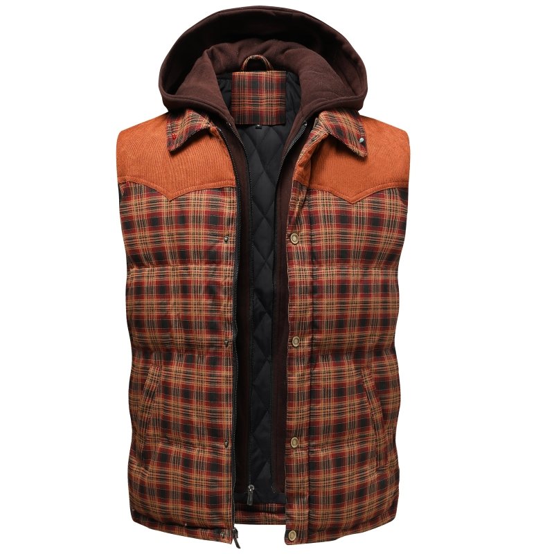 Front view of a men's fashionable hooded plaid puffer vest. Great for casual winter outfits.