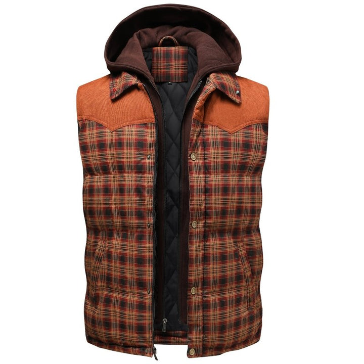 Front view of a men's fashionable hooded plaid puffer vest. Great for casual winter outfits.