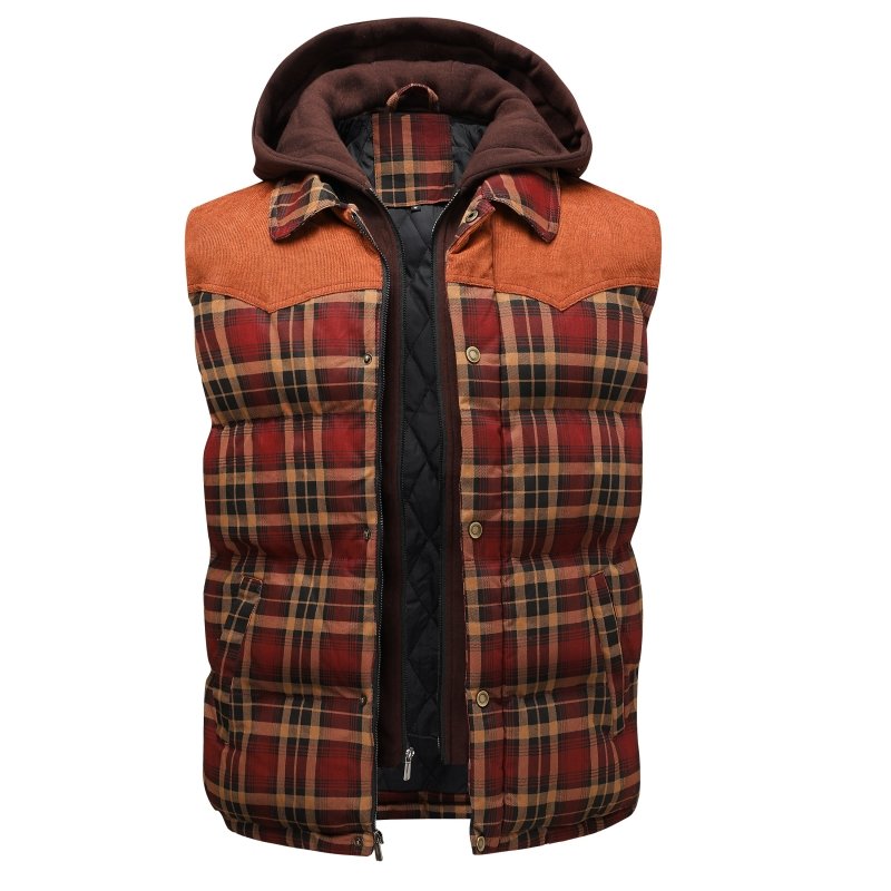 Stylish men's plaid puffer vest with sherpa collar, a warm winter outerwear piece for fashion-forward men.
