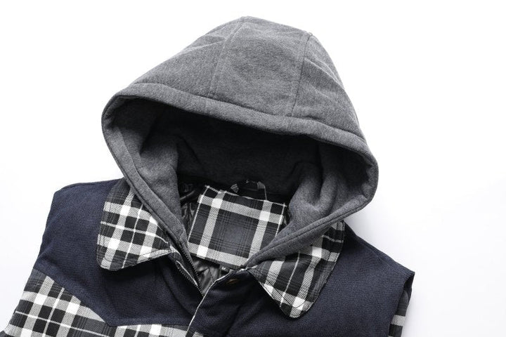 Trendy men's hooded plaid puffer vest, a stylish choice for winter fashion and layering.
