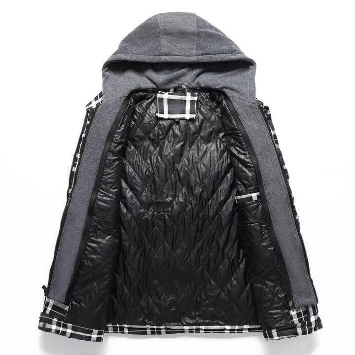 Stylish men's hooded plaid puffer vest. Quilted, warm plaid outerwear for winter fashion.