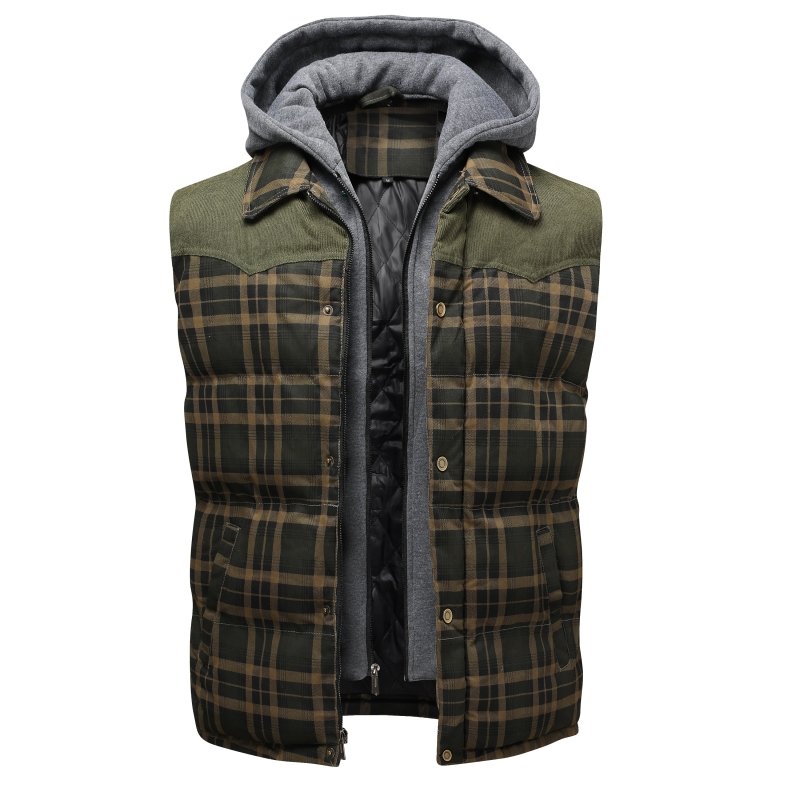 Comfortable men's hooded plaid puffer vest. Stylish, warm, and perfect for everyday winter wear.