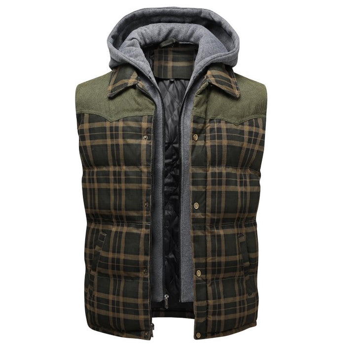Comfortable men's hooded plaid puffer vest. Stylish, warm, and perfect for everyday winter wear.