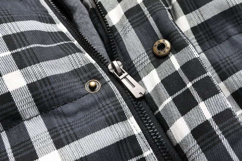 Classic plaid pattern on a men's hooded puffer vest. Warm, quilted, and perfect for winter style.
