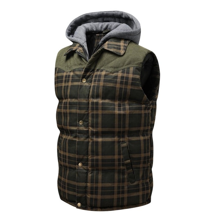 Quilted men's plaid puffer vest with a hood, offering warmth and style for cool weather outerwear.