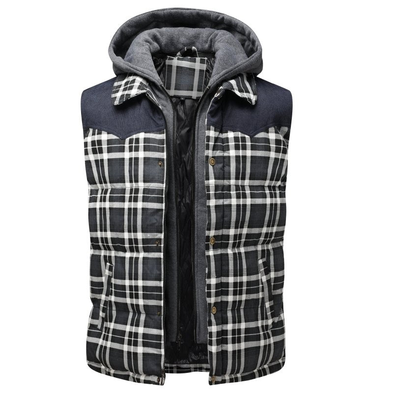 Men's hooded plaid puffer vest. Warm, stylish outerwear for winter layering and cool weather fashion.