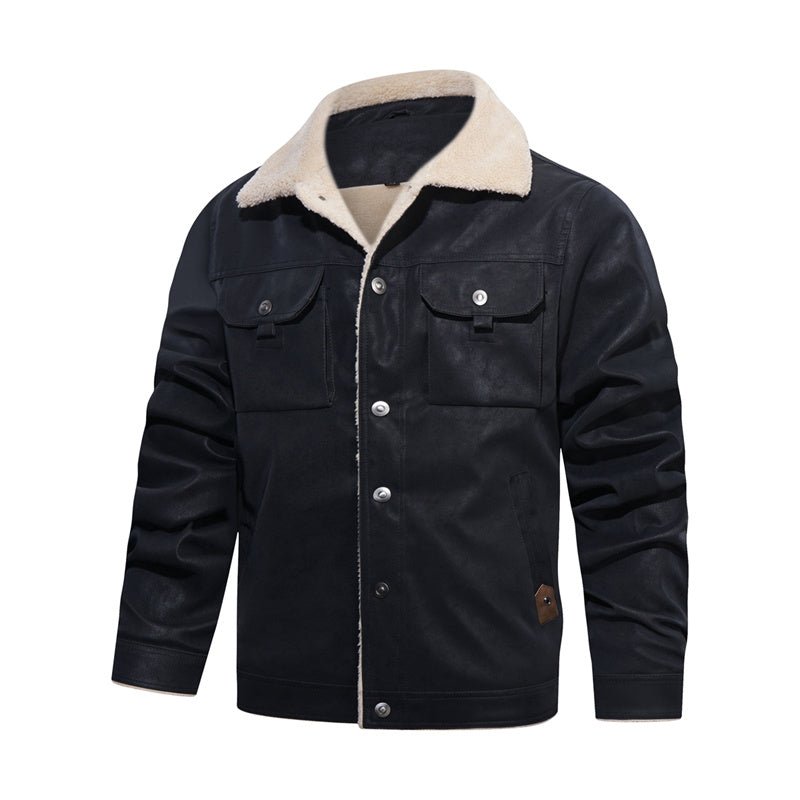 Men's autumn jacket featuring a plush sherpa collar and full button closure, essential for stylish outerwear.