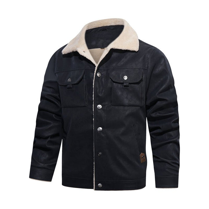 Men's autumn jacket featuring a plush sherpa collar and full button closure, essential for stylish outerwear.