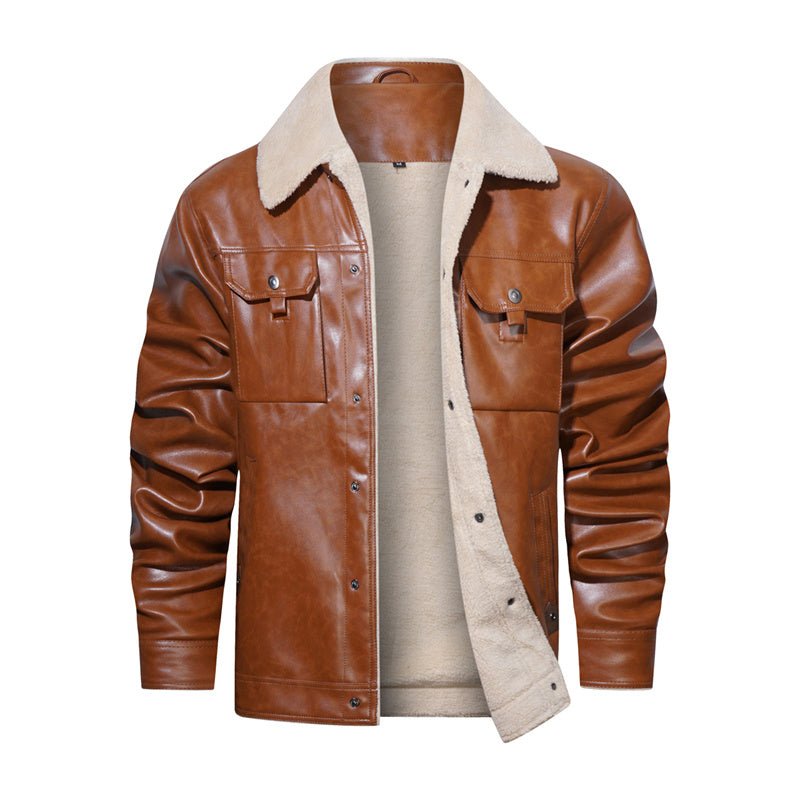 A versatile men's casual jacket with a distinctive sherpa collar, button-down front, perfect for layering in winter.