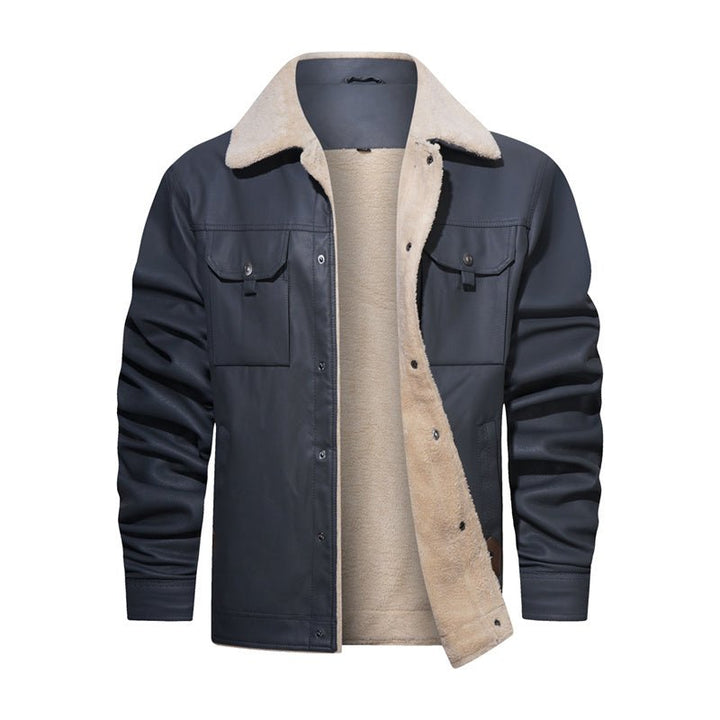 Stylish men's button-down outerwear featuring a soft sherpa collar, ideal for versatile cool-weather fashion.