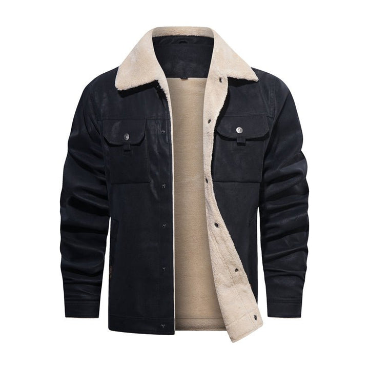 Front view of a men's button-down jacket with warm sherpa collar, great for everyday casual style and comfort.