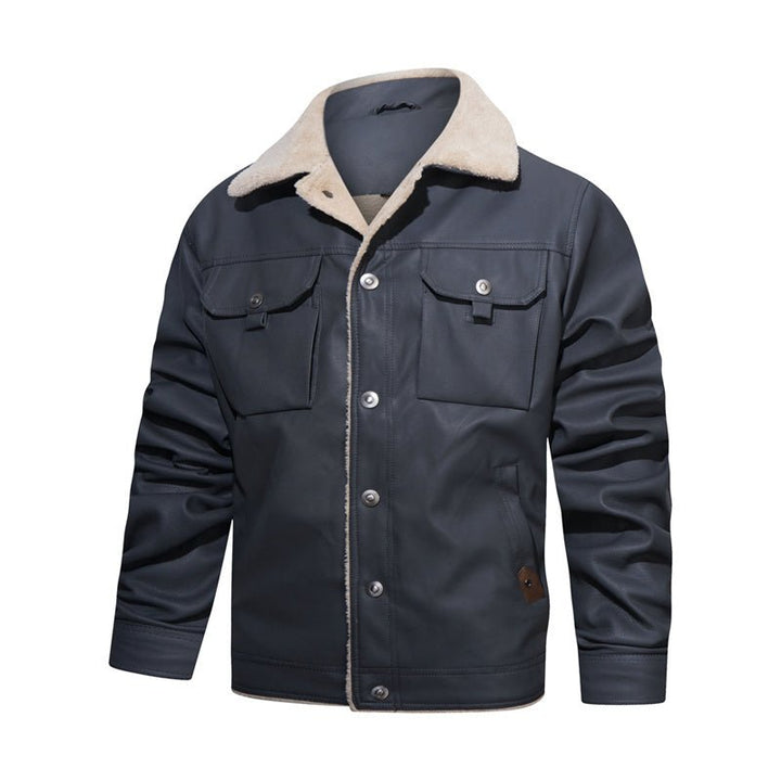 Back view of a men's casual button-down jacket, showcasing its clean lines and warm sherpa collar design.