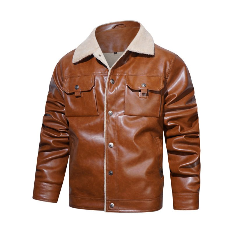 Detail shot of the sherpa collar and button-down closure on a men's stylish casual jacket. Warm and trendy.