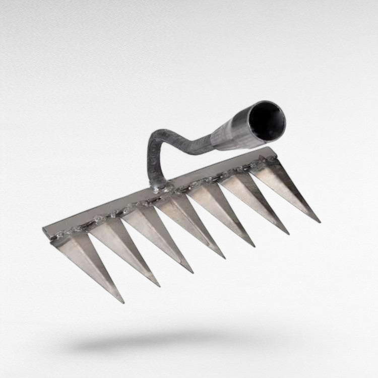 Heavy-duty steel garden rake with V-shaped tines for effortless weeding, featuring ergonomic design and durable construction.