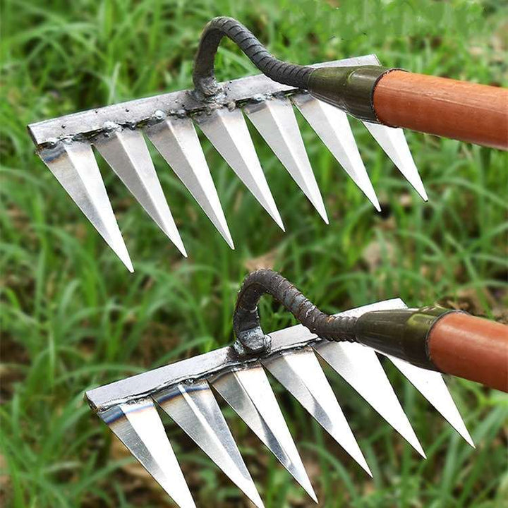 Heavy-duty steel garden rake with V-shaped tines for effortless weeding, featuring ergonomic design and durable construction.