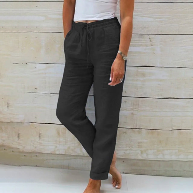 Casual women's drawstring trousers, relaxed fit for effortless summer style & comfort in warm weather.