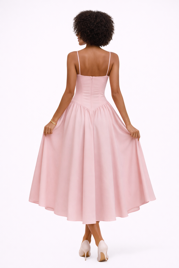 Structured pink women's midi dress with a stylish corset bodice, ideal for elegant occasion wear & events.