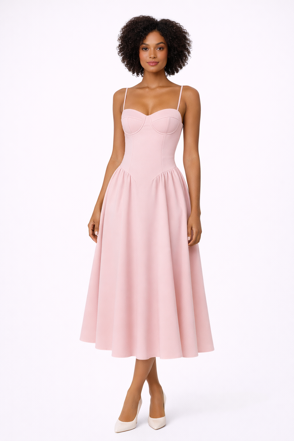 Elegant pink A-line corset midi dress for women, perfect for special occasions, parties & formal evening wear.