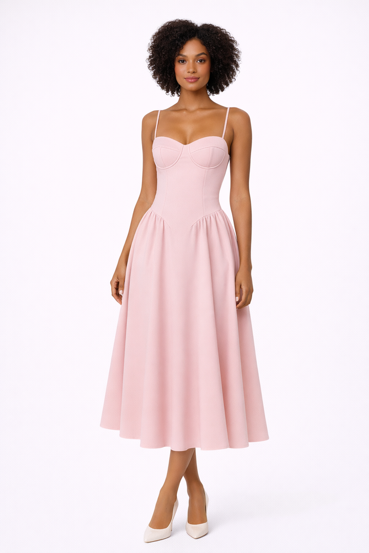 Elegant pink A-line corset midi dress for women, perfect for special occasions, parties & formal evening wear.