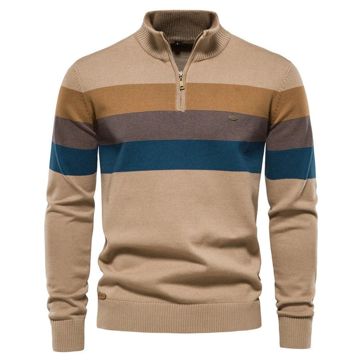 Classic men's striped half-zip pullover sweater, long sleeve knit. Warm & comfortable for autumn/winter fashion.