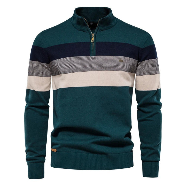 Comfortable men's long sleeve striped half-zip sweater. Perfect knit pullover for versatile autumn-winter style.