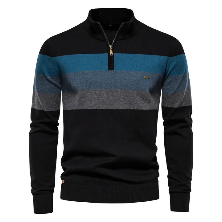 Men's striped half-zip pullover sweater, cozy mock neck knitwear. Stylish & comfortable casual fashion.