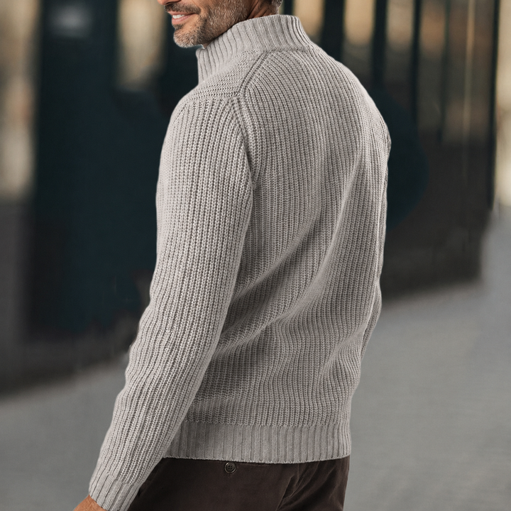 Cozy men's ribbed knit zip-up sweater in khaki. Perfect long sleeve casual wear for layering in fall & winter.