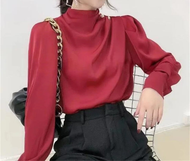 Comfortable & chic women's relaxed fit blouse. Elegant high neck long sleeve top for modern fashion.