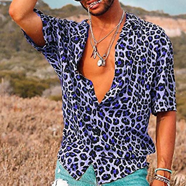 Fashionable men's summer shirt, featuring a unique leopard print. Casual short sleeve top for trendy apparel.