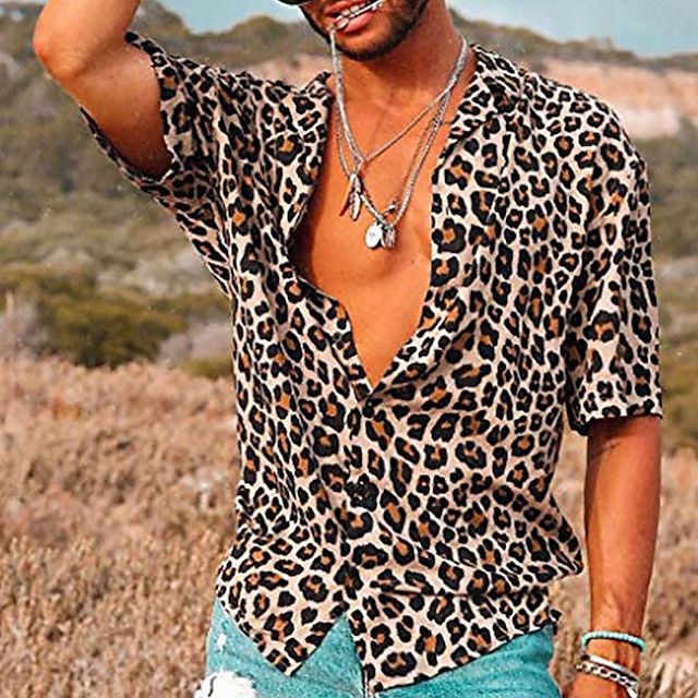 Men's summer leopard print casual shirt, short sleeve. Trendy bold style for vacation wear & men's fashion.