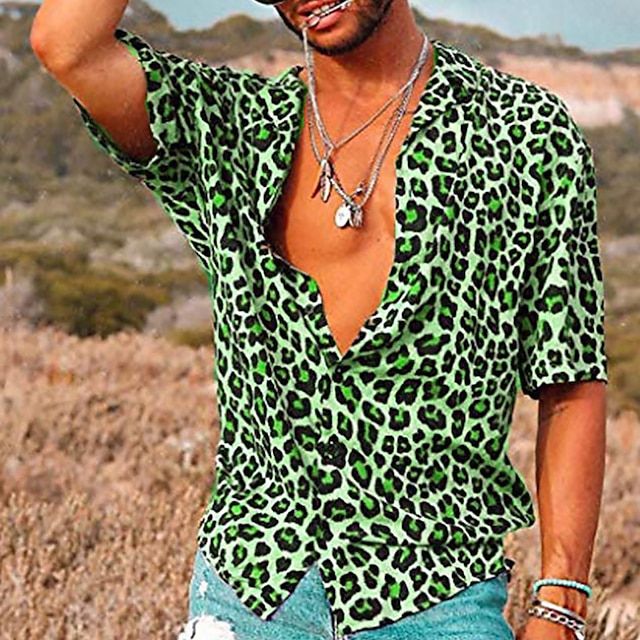 Casual men's short sleeve shirt with striking leopard print. Perfect summer fashion & trendy bold vacation apparel.