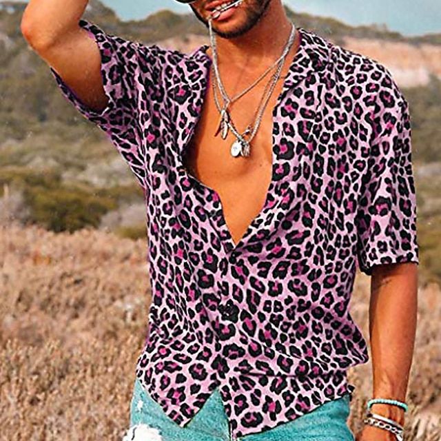 Men's bold leopard print short-sleeve shirt, a trendy casual top for summer and stylish vacation apparel.