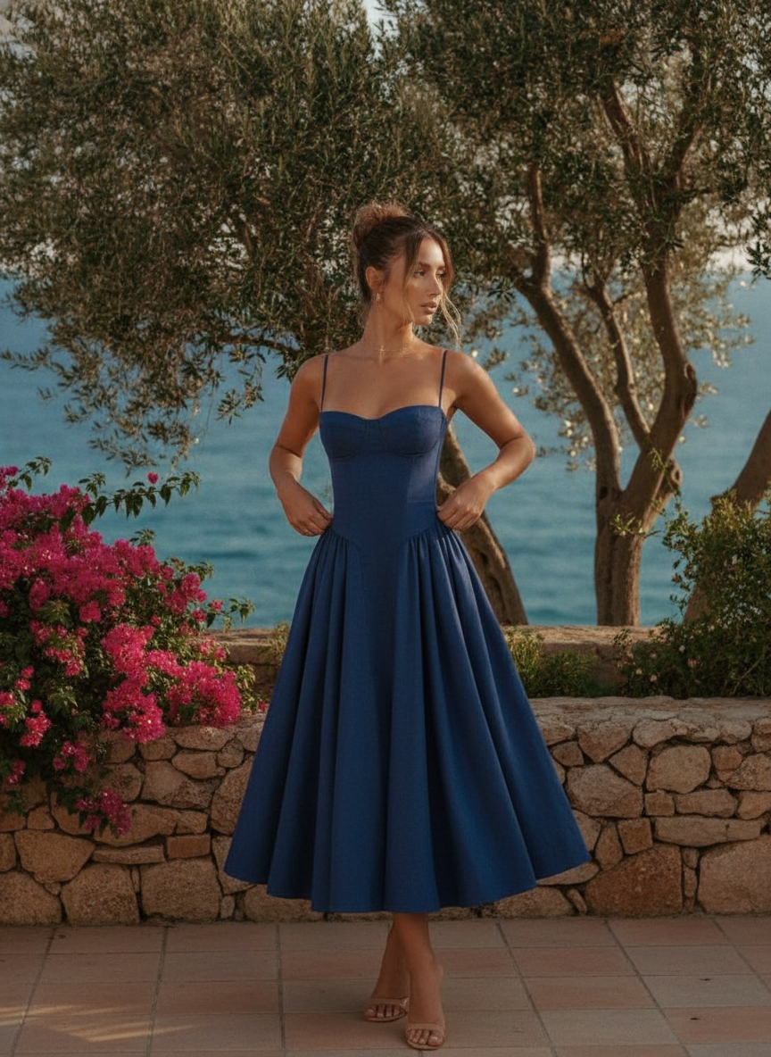 Elegant blue sculpted corset evening dress for women, perfect for formal occasions and special events.