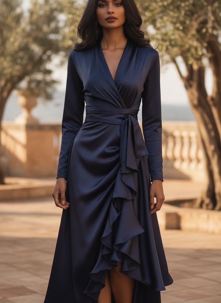 Women's pleated maxi dress with elegant ruffles, V-neck, and long sleeves for formal occasions.