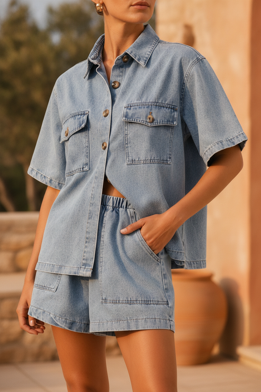 Women's chic denim two-piece co-ord set with button-up shirt and high-waist shorts, perfect for summer casual wear.