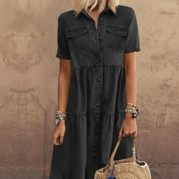Women's effortless short sleeve maxi shirt dress with buttons and pockets. Casual, relaxed fit for summer.