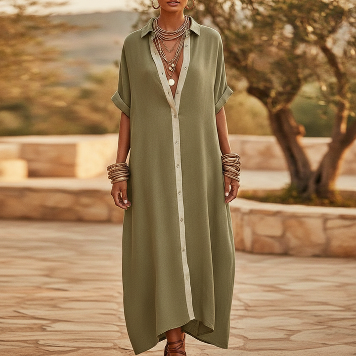 Elegant women's short sleeve collared maxi shirt dress, perfect for summer casual or holiday wear.
