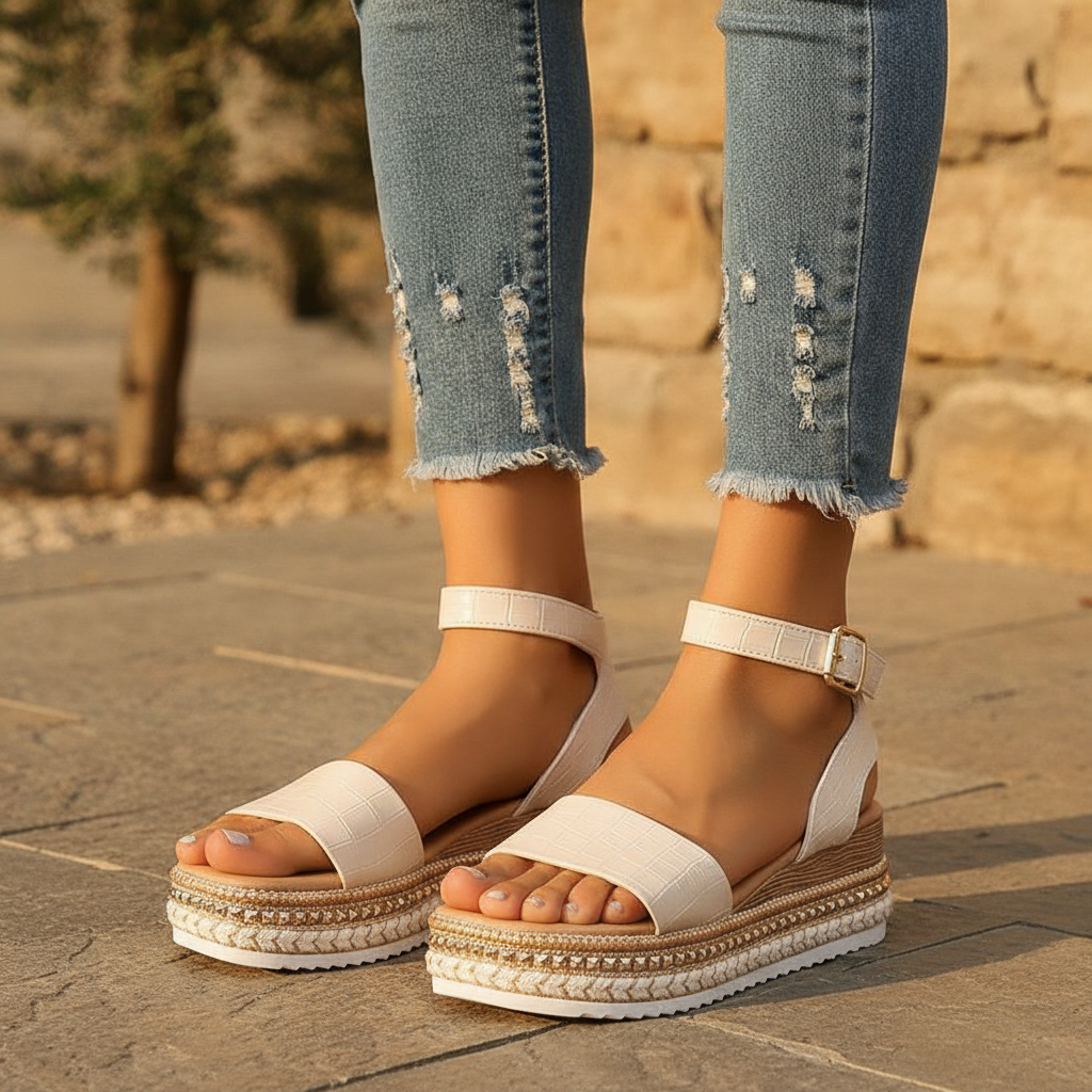 Apricot women's platform strap sandals, perfect for summer holidays, beachwear & casual comfort.