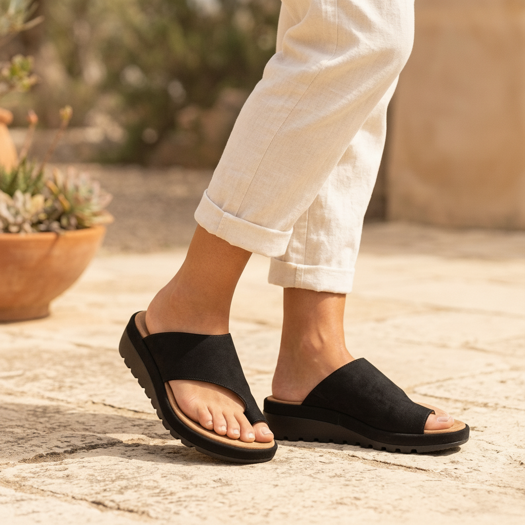 Women's toe ring slide sandals with comfortable wedge heel, perfect for effortless summer style.