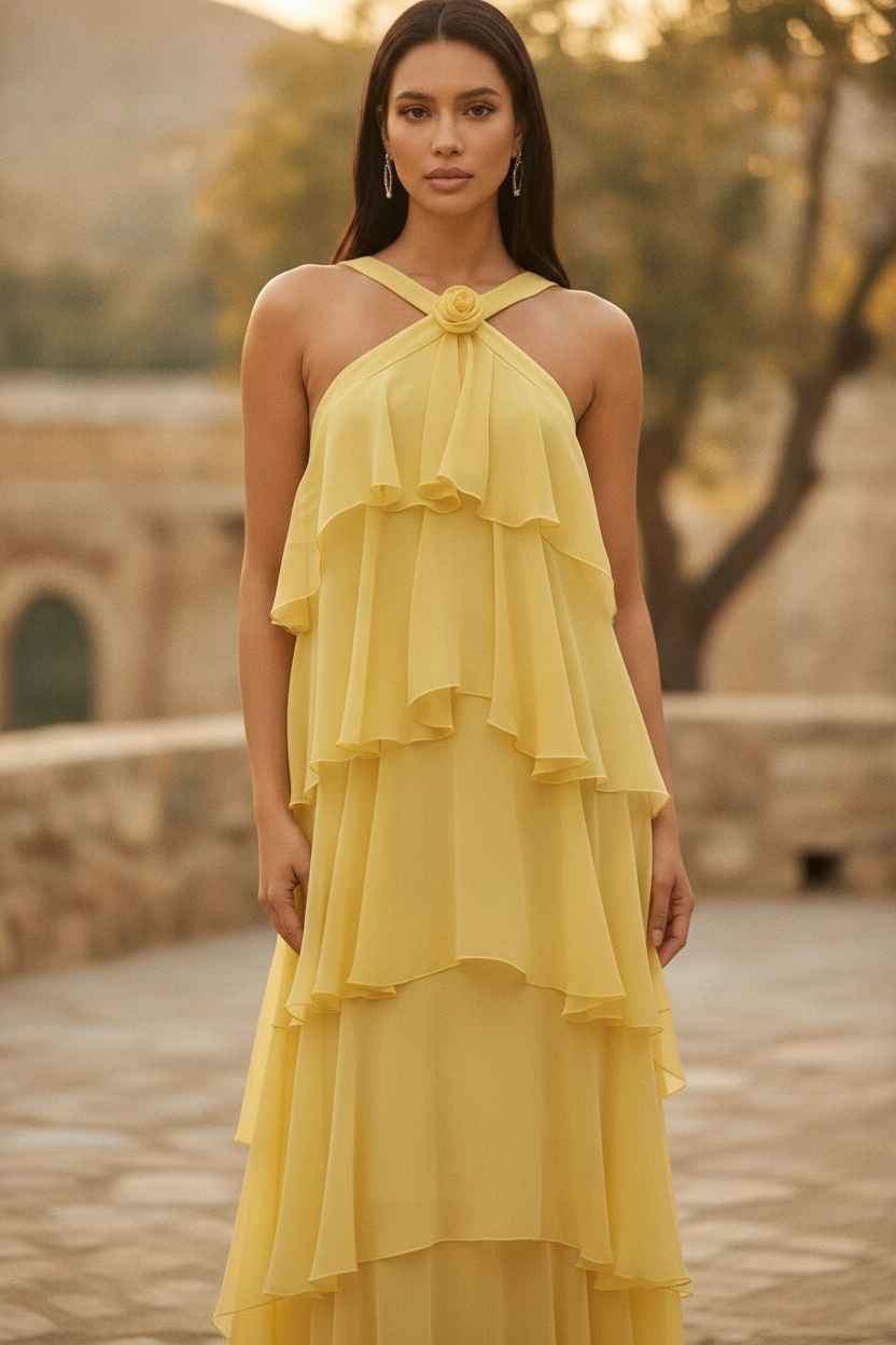 Elegant yellow halter neck layered maxi dress for women, perfect for summer weddings & formal occasions.