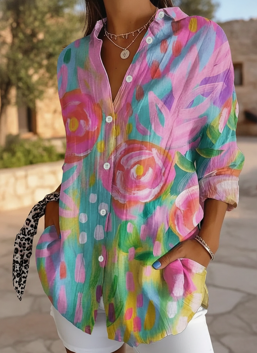 Women's relaxed fit abstract print blouse. Colorful long sleeve top for casual summer wear.