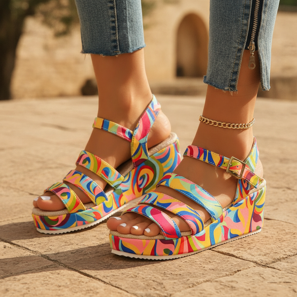 Women's multicolour wedge platform sandals with ankle strap; stylish, comfortable summer fashion & holiday footwear.
