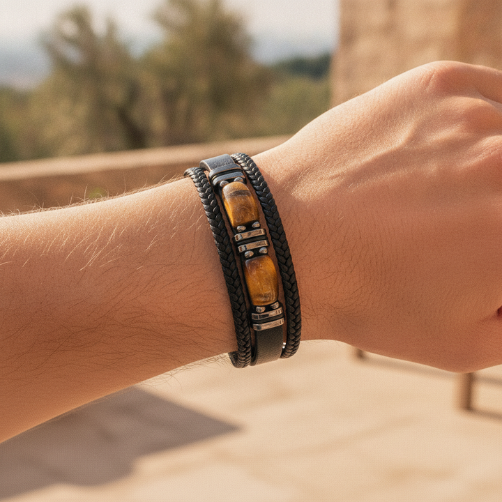 Men's braided tiger eye bracelet with stainless steel accents, ideal for everyday style.