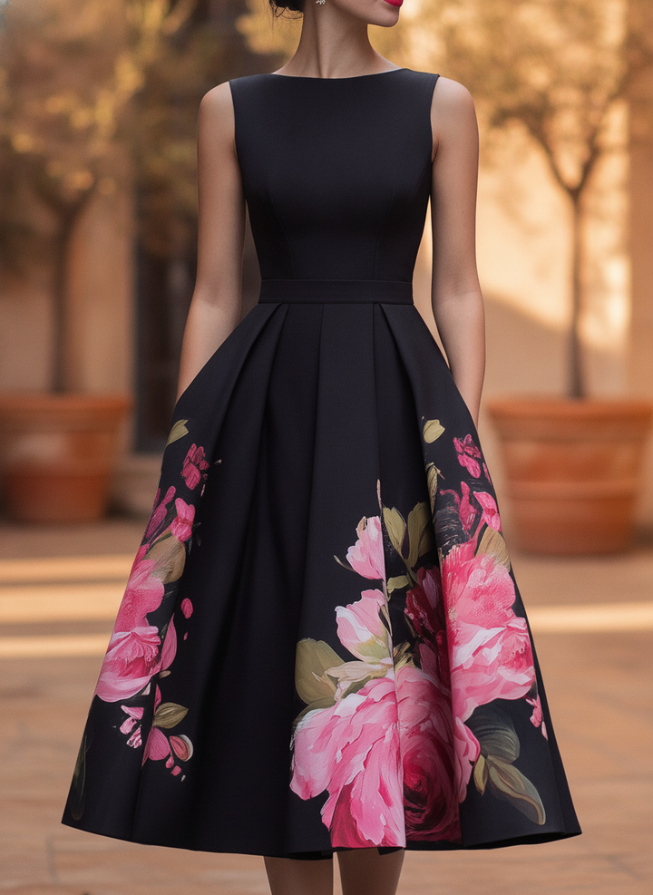 Women's elegant floral sleeveless midi dress with draped detail, perfect for evening wear or a wedding guest.