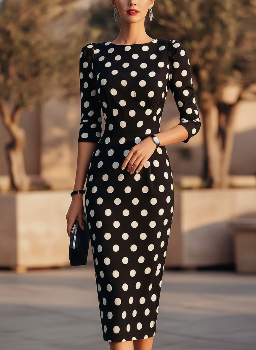 Women's black halter neck bodycon midi cocktail dress with white dot print, perfect for evening wear.